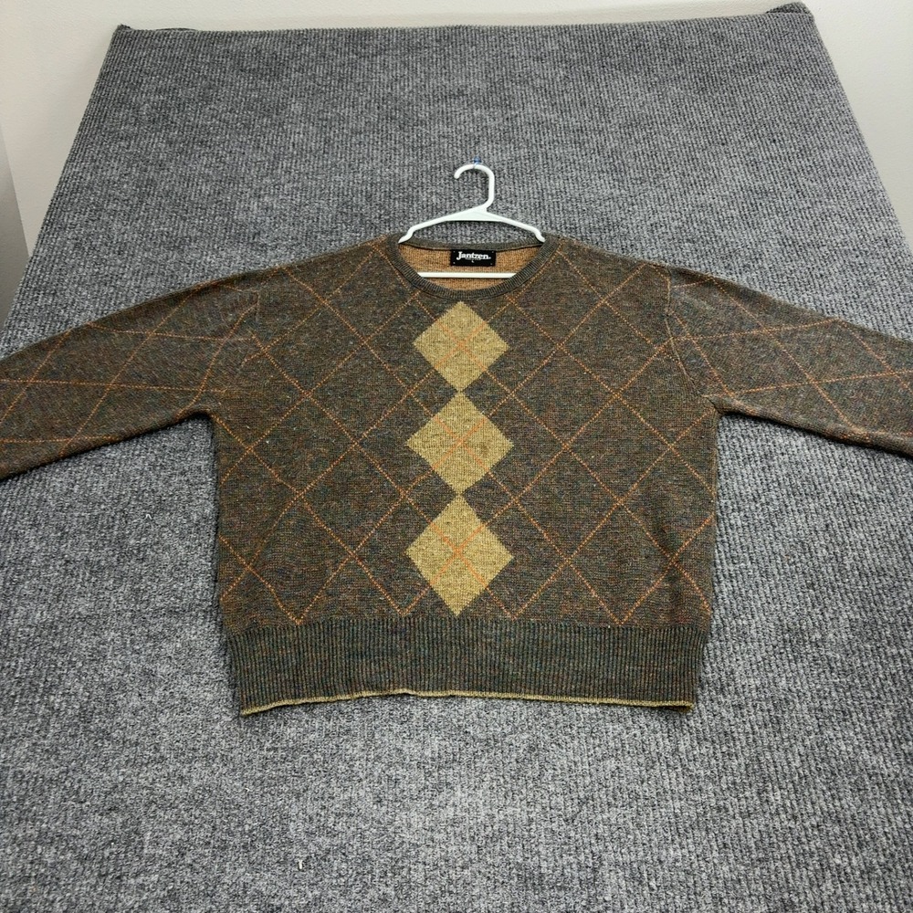 Vintage Jantzen Sweater Mens L Brown Wool Blend Argyle Crew Neck Preppy Retro